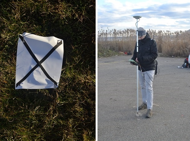 Split picture: Calibration landmark, Jiří Apeltauer holding the gps receiver